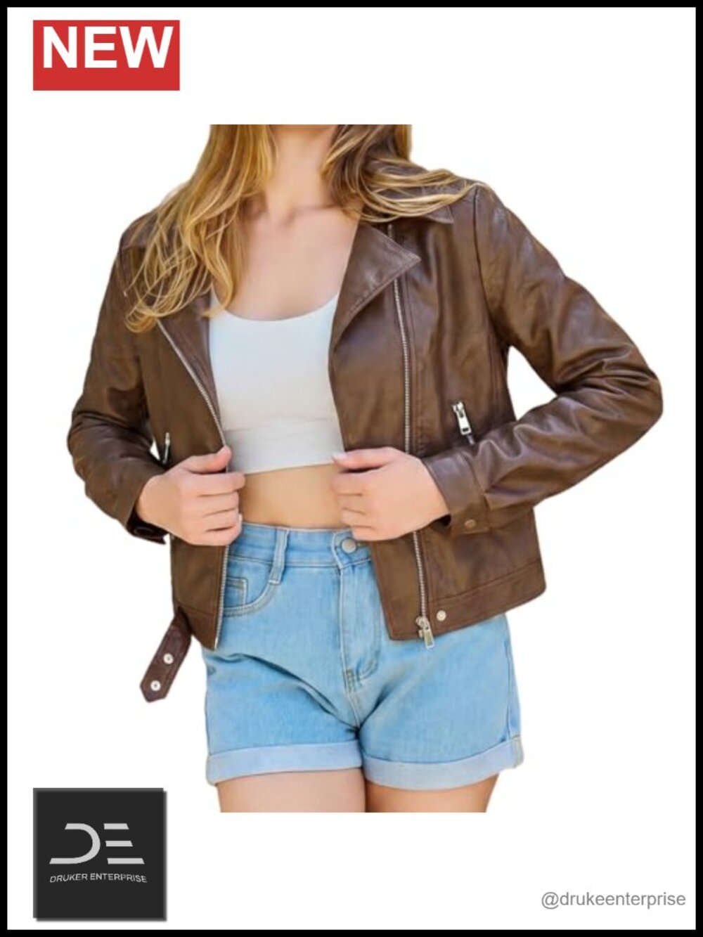 Cropped Faux Leather Moto Jacket Slim Fit Biker Coat